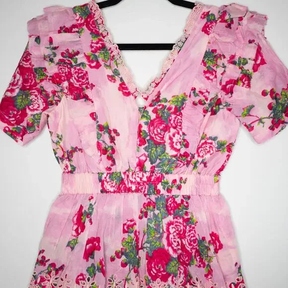 LoveShackFancy Aldina Mini Dress Pink Desert Floral Tiered Crochet SZ XS NWT - Picture 6 of 8